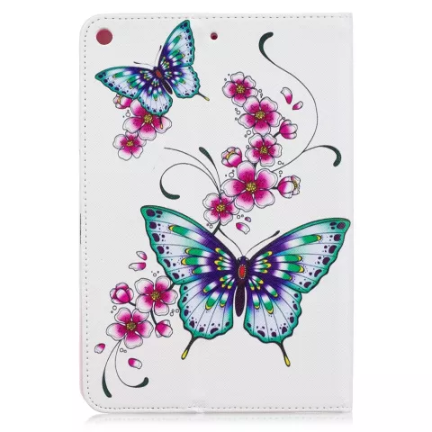 &Eacute;tui &agrave; rabat en cuir avec fleurs et papillons, housse pliable standard compatible avec iPad mini 4 5 - Blanc