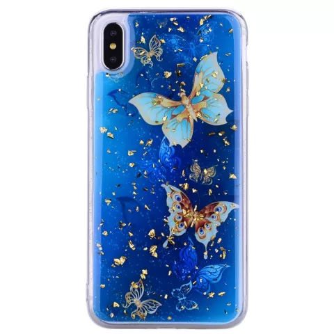 Coque &agrave; paillettes papillons TPU or compatible avec iPhone XS Max - Bleu