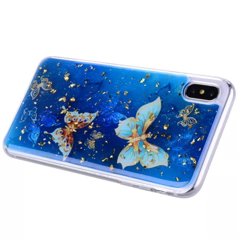Coque &agrave; paillettes papillons TPU or compatible avec iPhone XS Max - Bleu