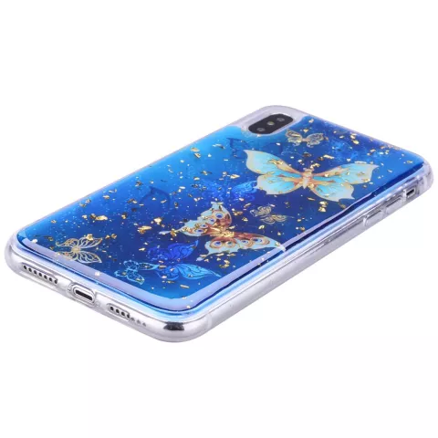 Coque &agrave; paillettes papillons TPU or compatible avec iPhone XS Max - Bleu