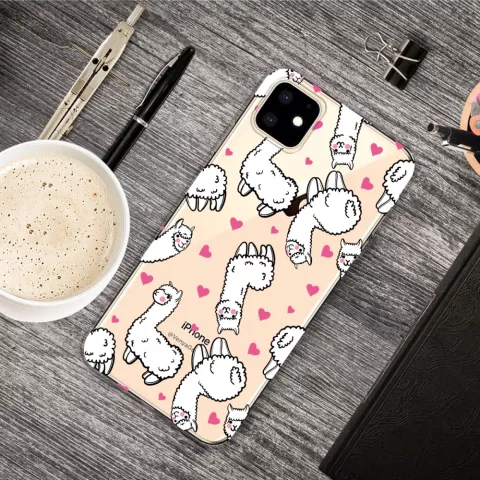 Coque en TPU compatible avec iPhone 11, Animaux T&ecirc;tus, Coeurs d&#039;Alpaga - Transparente