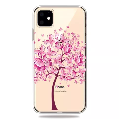 Coque iPhone 11 en TPU Flexible Papillon Arbre Papillons Arbre Rose Chaud - Transparent