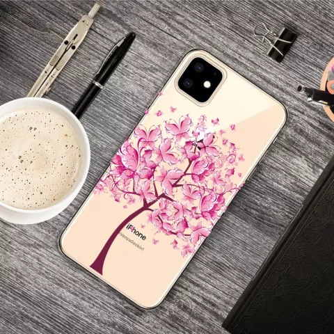 Coque iPhone 11 en TPU Flexible Papillon Arbre Papillons Arbre Rose Chaud - Transparent