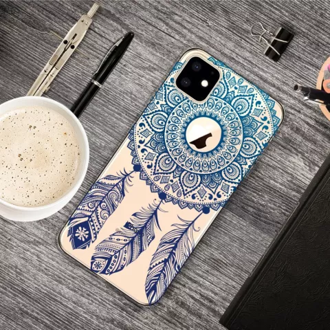 Coque iPhone 11 Dreamcatcher Mandala Web Blue Feathers Spiritual Case TPU - Transparente