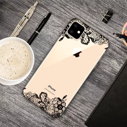 Coque en TPU pour iPhone 11 &agrave; motifs floraux noirs et blancs - Transparente