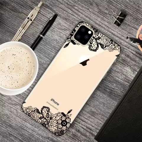 Coque en TPU pour iPhone 11 Pro Max Noir et Floral Dessin&eacute; D&eacute;cor&eacute; - Transparente