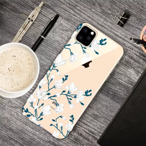 Coque en TPU blanc floral compatible avec iPhone 11 Pro - Transparente