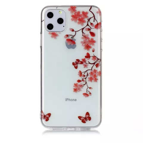 Coque en TPU compatible avec iPhone 11 Pro Max Fleurs Fleur Papillons Rouge Nature - Transparente