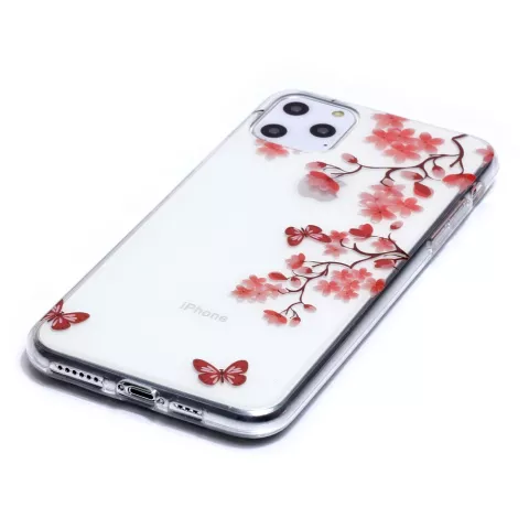 Coque en TPU compatible avec iPhone 11 Pro Max Fleurs Fleur Papillons Rouge Nature - Transparente