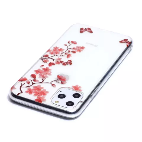 Coque en TPU compatible avec iPhone 11 Pro Max Fleurs Fleur Papillons Rouge Nature - Transparente