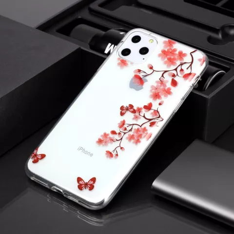 Coque en TPU compatible avec iPhone 11 Pro Max Fleurs Fleur Papillons Rouge Nature - Transparente