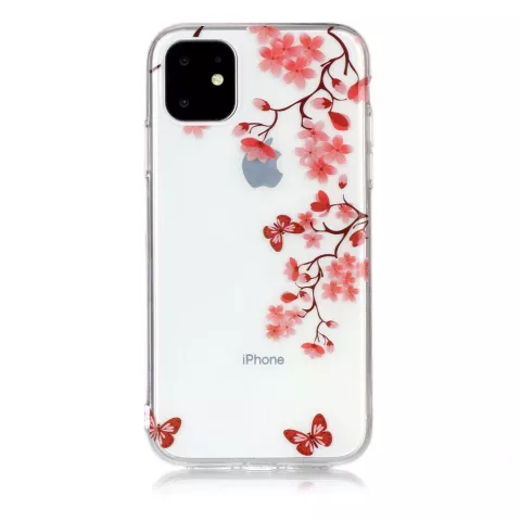 Coque en TPU compatible avec iPhone 11 Fleurs Fleur Papillons Rouge Nature - Transparente