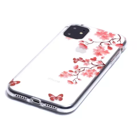 Coque TPU iPhone 11 Fleur Nature Papillons Fleur Rouge - Transparent