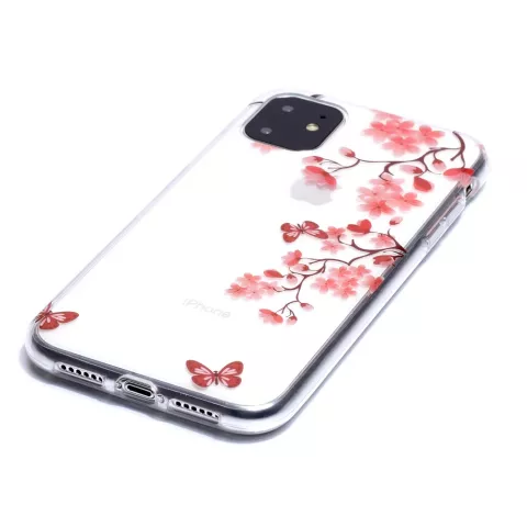 Coque en TPU compatible avec iPhone 11 Fleurs Fleur Papillons Rouge Nature - Transparente