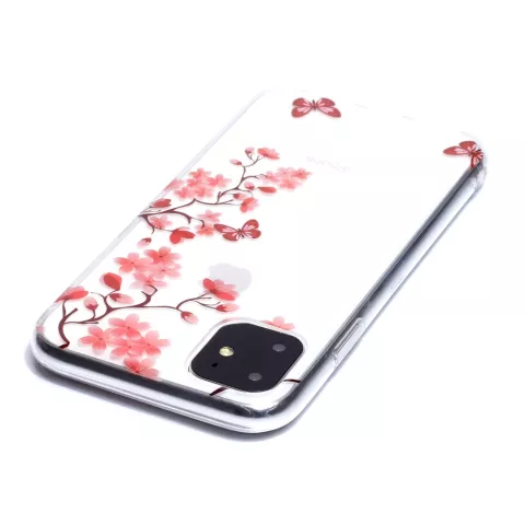 Coque en TPU compatible avec iPhone 11 Fleurs Fleur Papillons Rouge Nature - Transparente