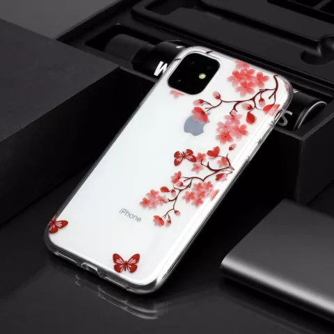 Coque en TPU compatible avec iPhone 11 Fleurs Fleur Papillons Rouge Nature - Transparente