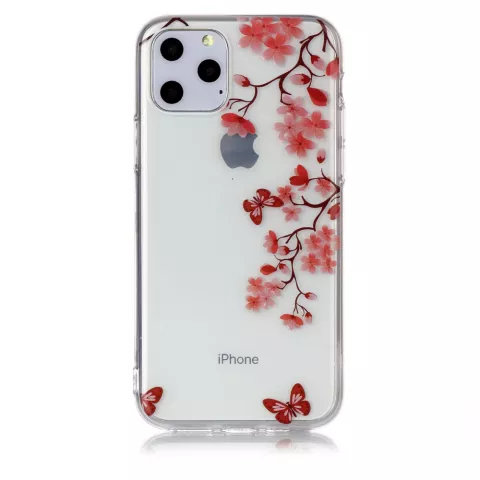 Coque en TPU compatible avec iPhone 11 Pro, fleurs, papillons, rouge, nature - Transparente