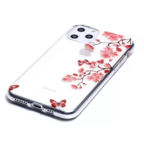 Coque en TPU compatible avec iPhone 11 Pro, fleurs, papillons, rouge, nature - Transparente