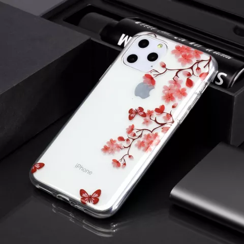 Coque en TPU compatible avec iPhone 11 Pro, fleurs, papillons, rouge, nature - Transparente