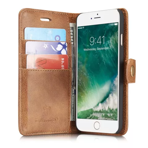 DG.MING Bookcase Walllet compatible avec iPhone 7 8 SE 2020 SE 2022 &Eacute;tui portefeuille vintage en cuir fendu - Marron