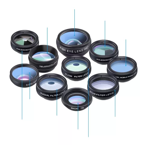 Ensemble d&#039;objectifs ultimes 10 en 1 Lensklip Fisheye, objectif de t&eacute;lescope grand angle Macro 2X pour t&eacute;l&eacute;phones mobiles