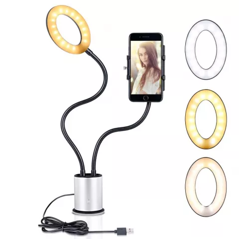 Support pour smartphone Selfie Light dimmable 3 couleurs de lumi&egrave;re - Argent Noir