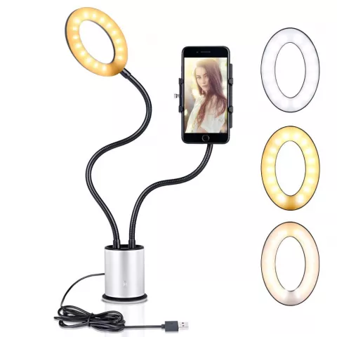 Support pour smartphone selfie light dimmable 3 couleurs de lumi&egrave;re - Argent Noir