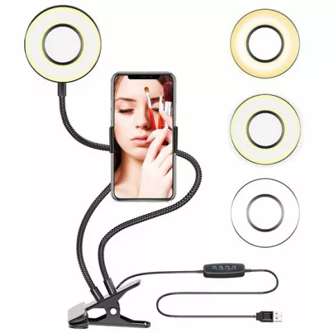 Support de t&eacute;l&eacute;phone 2-en-1 avec anneau selfie - Photographie de maquillage en streaming