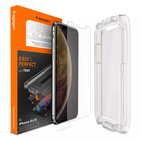 Protection en verre Spigen avec fixation pour fixer l&#039;iPhone X XS 11 Pro - Duret&eacute; 9H
