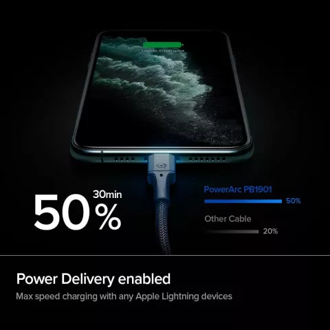 C&acirc;ble de charge Spigen PowerArc USB-C vers chargeur Lightning MFi 100W PD - Noir