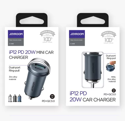 Chargeur de voiture Joyroom Adaptateur USB-A et USB-C duoport PD Chargeur QC 3.0 - Gris
