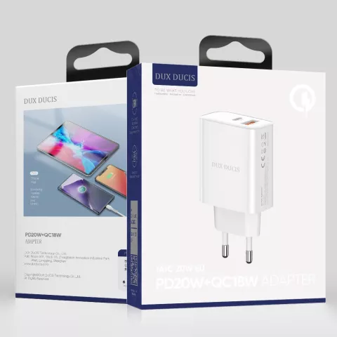Chargeur Dux Ducis Adaptateur USB-A et USB-C 20W Adaptateur secteur PD 20W QC 18W - Blanc