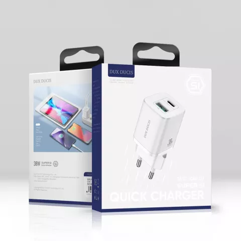 Adaptateur Dux Ducis Chargeur USB-A et USB-C Adaptateur secteur Super Si Power Delivery 30W QC 18W - Blanc