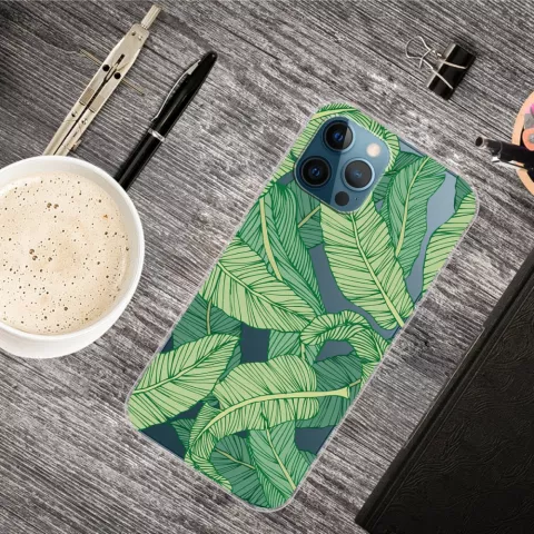 Coque en TPU feuilles de bananier feuilles tropicales compatible avec iPhone 13 Pro Max - transparente et verte