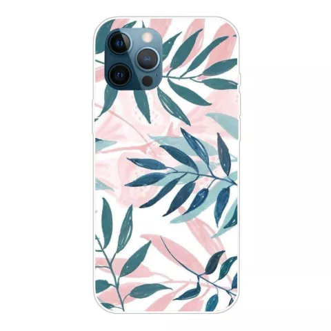 Coque en TPU &agrave; feuilles tropicales, feuilles de couleur pastel, compatible avec iPhone 13 Pro - rose, vert et blanc
