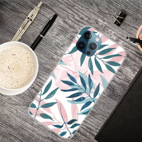 Coque en TPU &agrave; feuilles tropicales, feuilles de couleur pastel, compatible avec iPhone 13 Pro - rose, vert et blanc