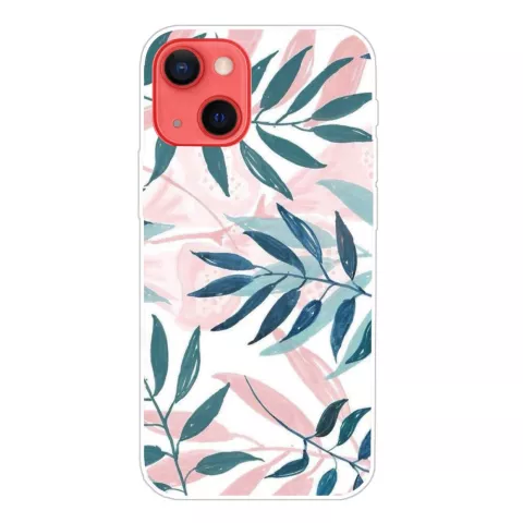 Tropical Leaves TPU Pastel Leaves Case pour iPhone 13 Mini - Rose, vert et blanc