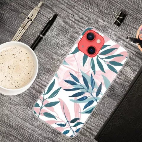 Coque en TPU &agrave; feuilles tropicales, feuilles de couleur pastel, compatible avec iPhone 13 - rose, vert et blanc