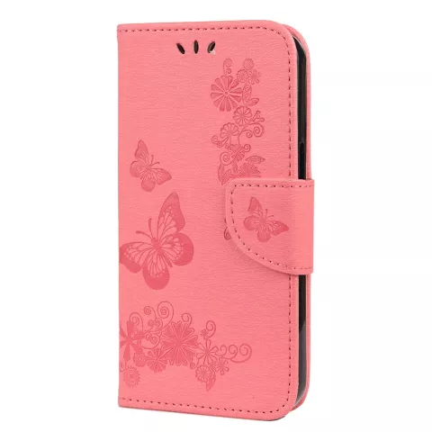 &Eacute;tui Portefeuille Portefeuille En Faux Cuir Papillons Et Fleurs Pour iPhone 13 Pro Max - Rose