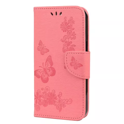 &Eacute;tui portefeuille en cuir artificiel avec papillons et fleurs compatible avec iPhone 13 - rose