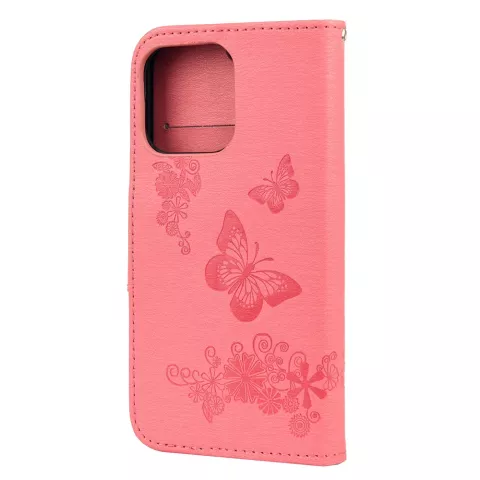&Eacute;tui portefeuille en cuir artificiel avec papillons et fleurs compatible avec iPhone 13 - rose