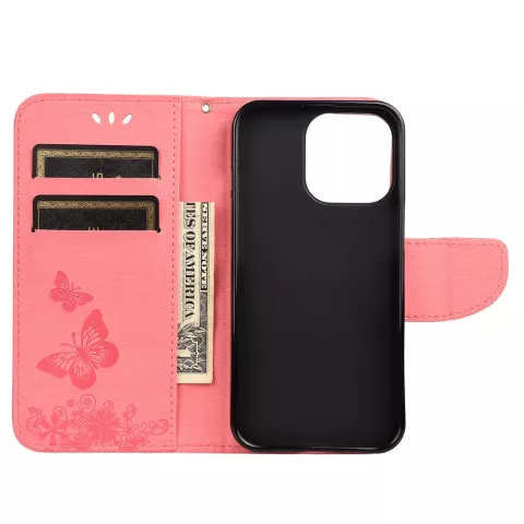 &Eacute;tui portefeuille en cuir artificiel avec papillons et fleurs compatible avec iPhone 13 - rose