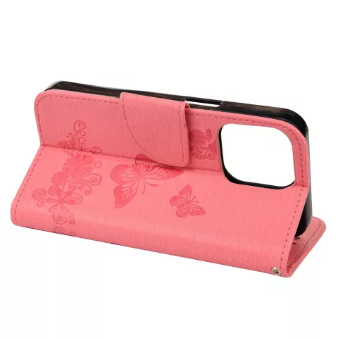 &Eacute;tui portefeuille en cuir artificiel avec papillons et fleurs compatible avec iPhone 13 - rose