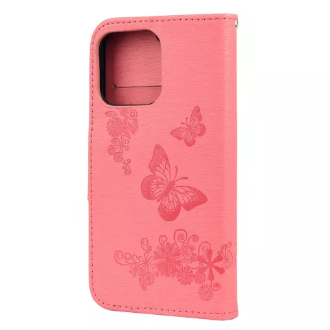 &Eacute;tui Portefeuille Portefeuille En Faux Cuir Papillons Et Fleurs Pour iPhone 13 Pro - Rose