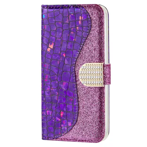 &Eacute;tui &agrave; paillettes en cuir artificiel crocodile scintillant compatible avec iPhone 13 mini - violet