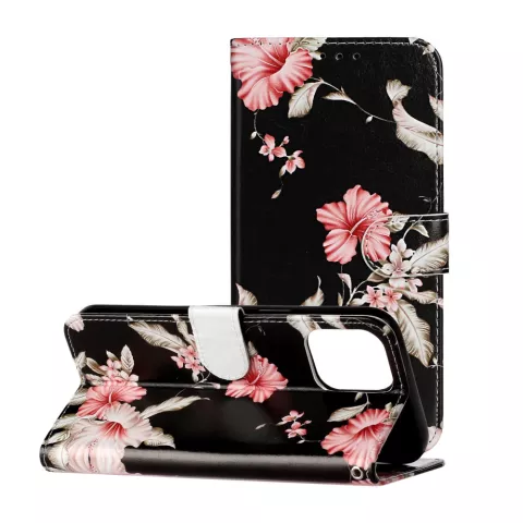 &Eacute;tui portefeuille en cuir artificiel avec motif floral compatible avec iPhone 13 Pro Max - Noir