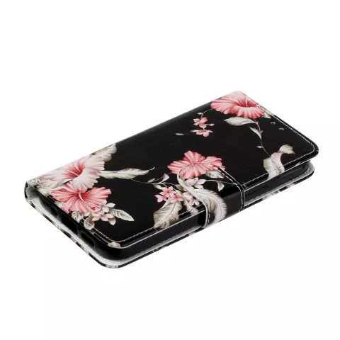 &Eacute;tui portefeuille en cuir artificiel &agrave; fleurs compatible avec iPhone 13 - noir