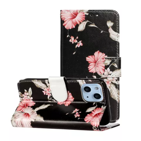 &Eacute;tui portefeuille en cuir artificiel &agrave; fleurs compatible avec iPhone 13 - noir