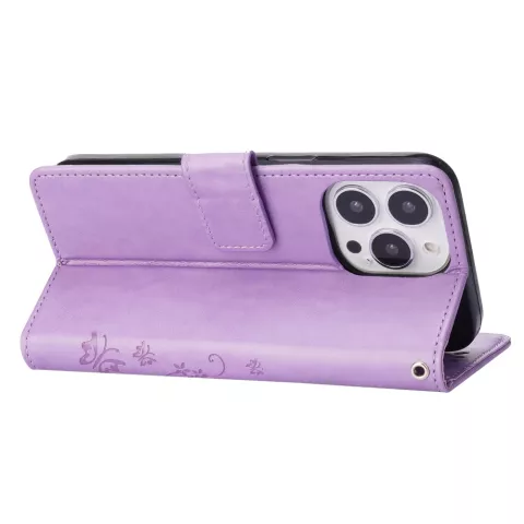 &Eacute;tui Portefeuille Biblioth&egrave;que En Faux Cuir Plantes Et Papillons Pour iPhone 13 Pro Max - Violet