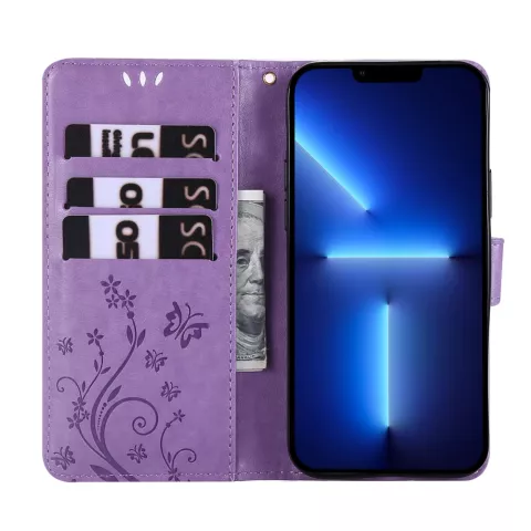 &Eacute;tui portefeuille en cuir artificiel avec plantes et papillons compatible avec iPhone 13 Pro - Violet